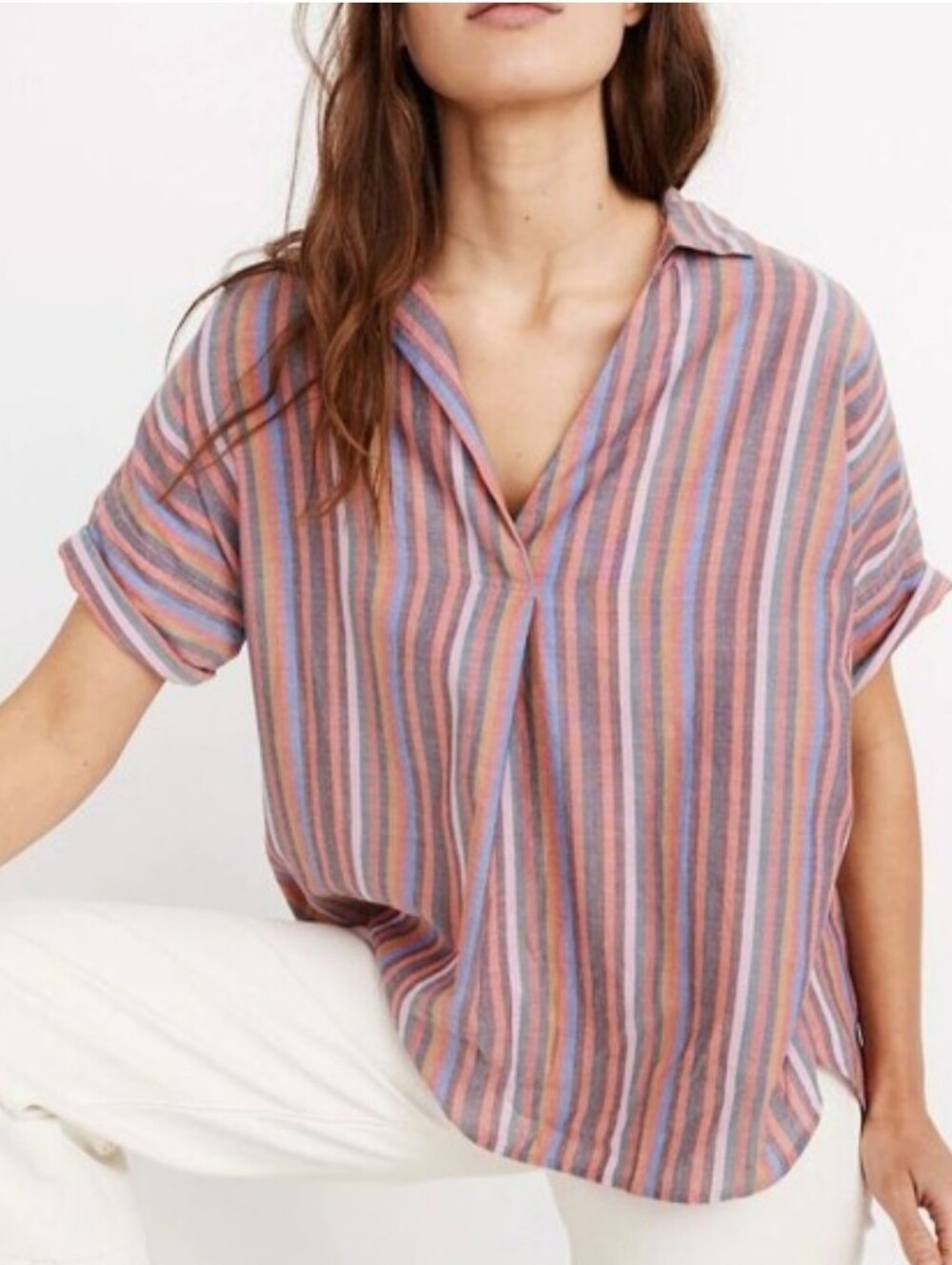 Madewell Striped Short-Sleeve Collared Top in Pink, Blue & Orange